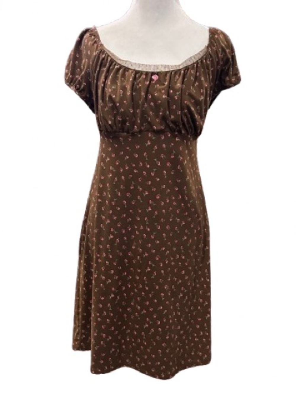Brown Milkmaid Floral Midi Dress Cottagecore Prairie Flattering Stretch Size L